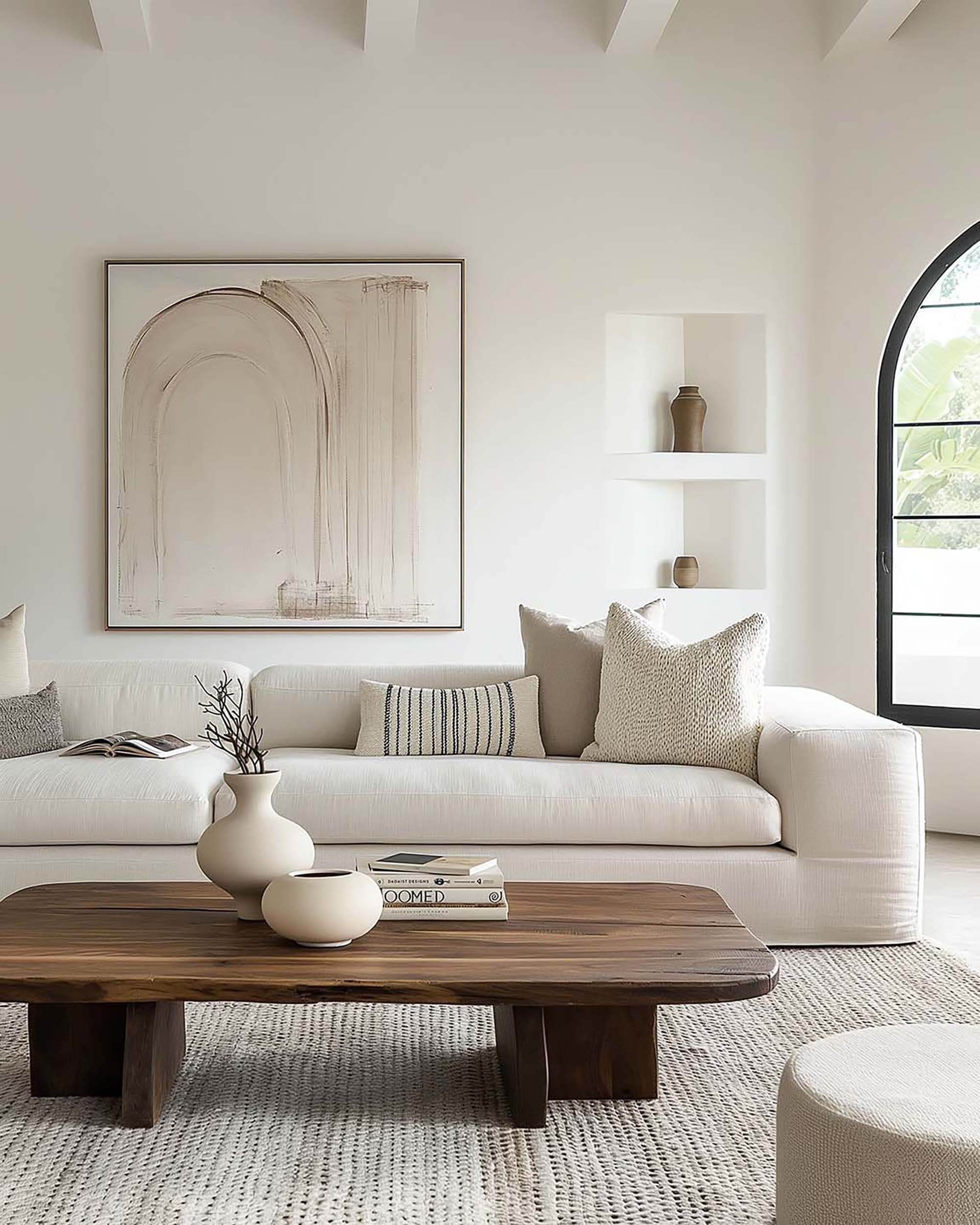 Bright minimalist living room with a large wall frame above a white sofa, a low wood coffee table, and an arched window.