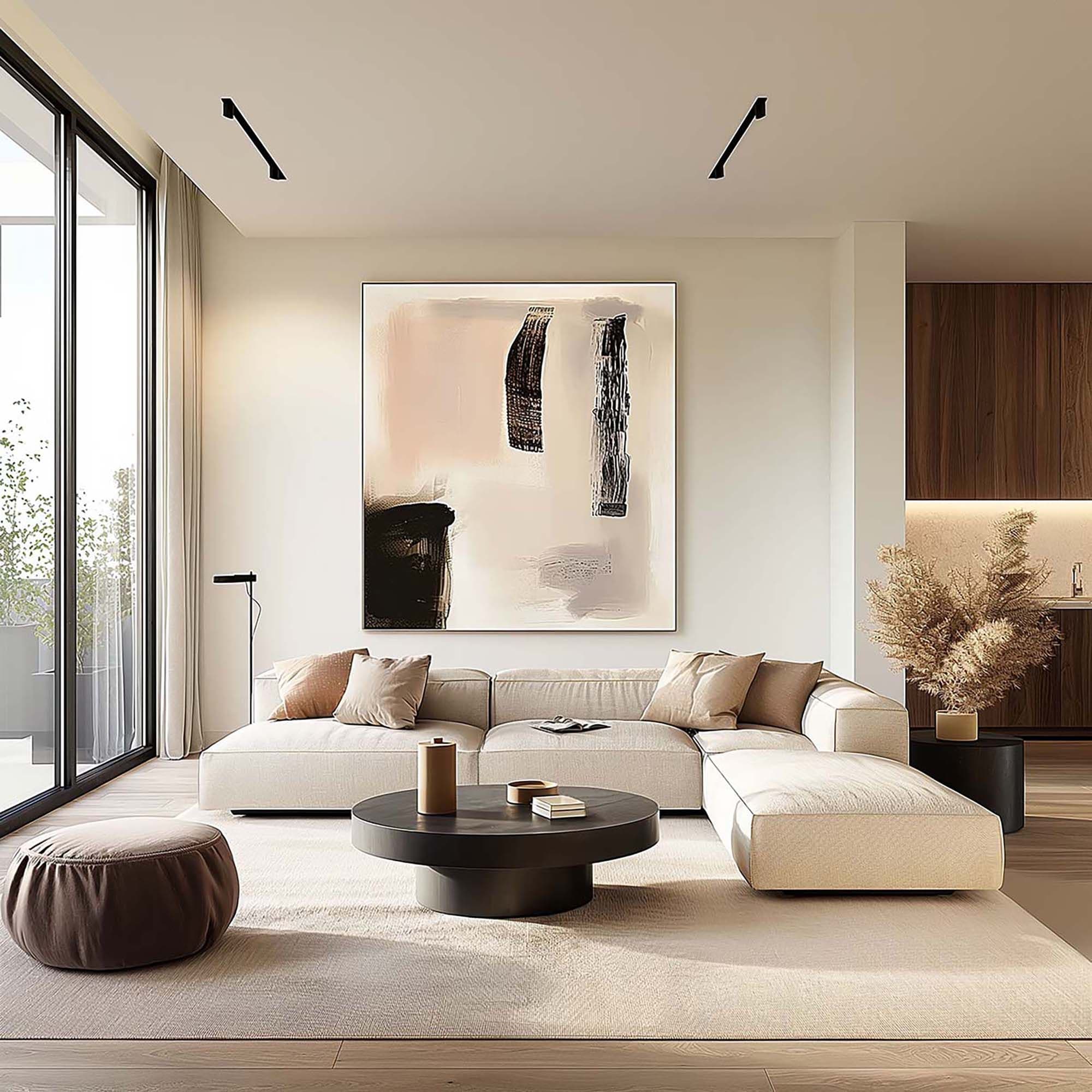 Modern living room with a large framed wall art piece above a low sectional sofa, near tall sliding glass doors.