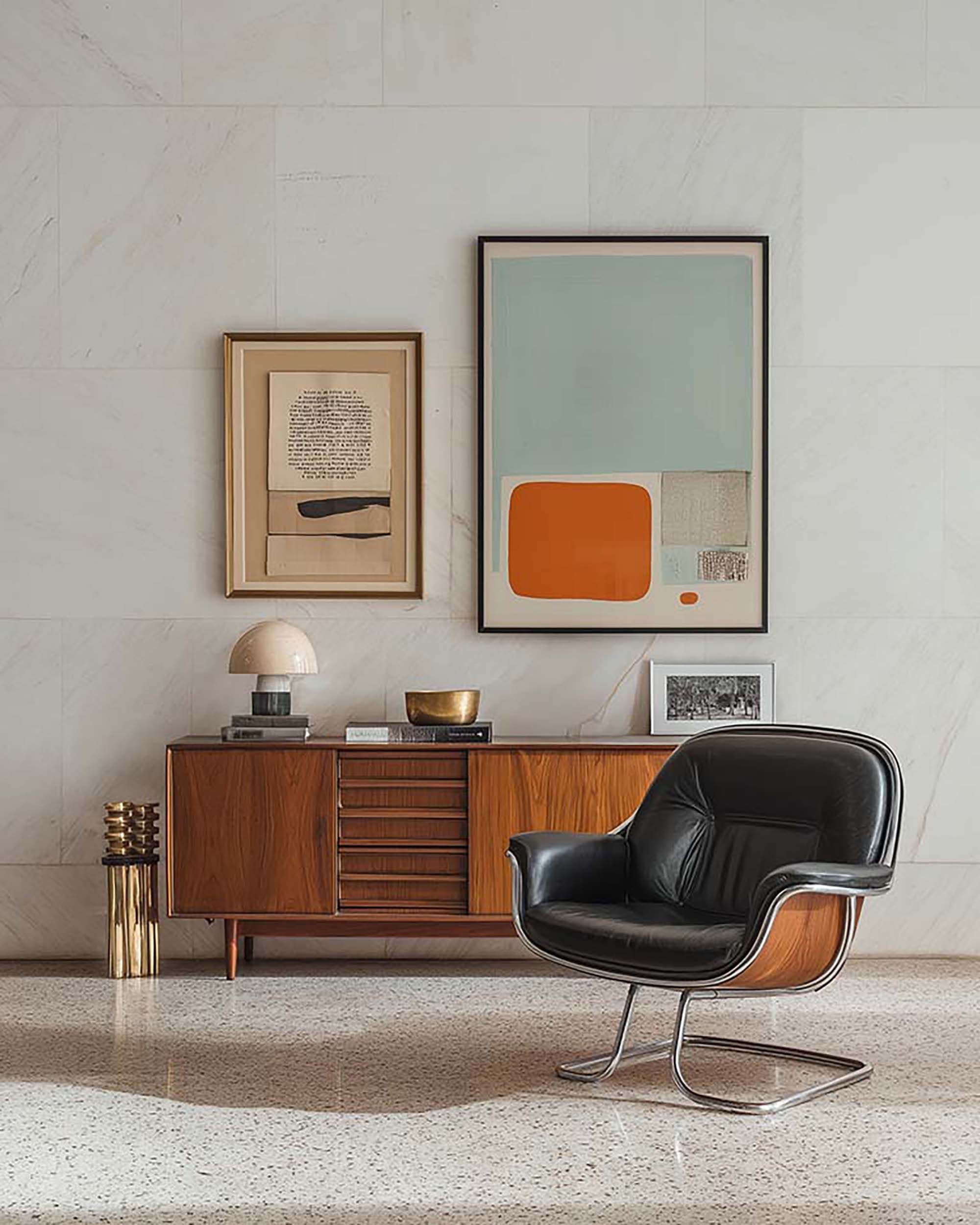 Living room wall with two framed pieces above a wood sideboard, with a black leather lounge chair in the foreground.