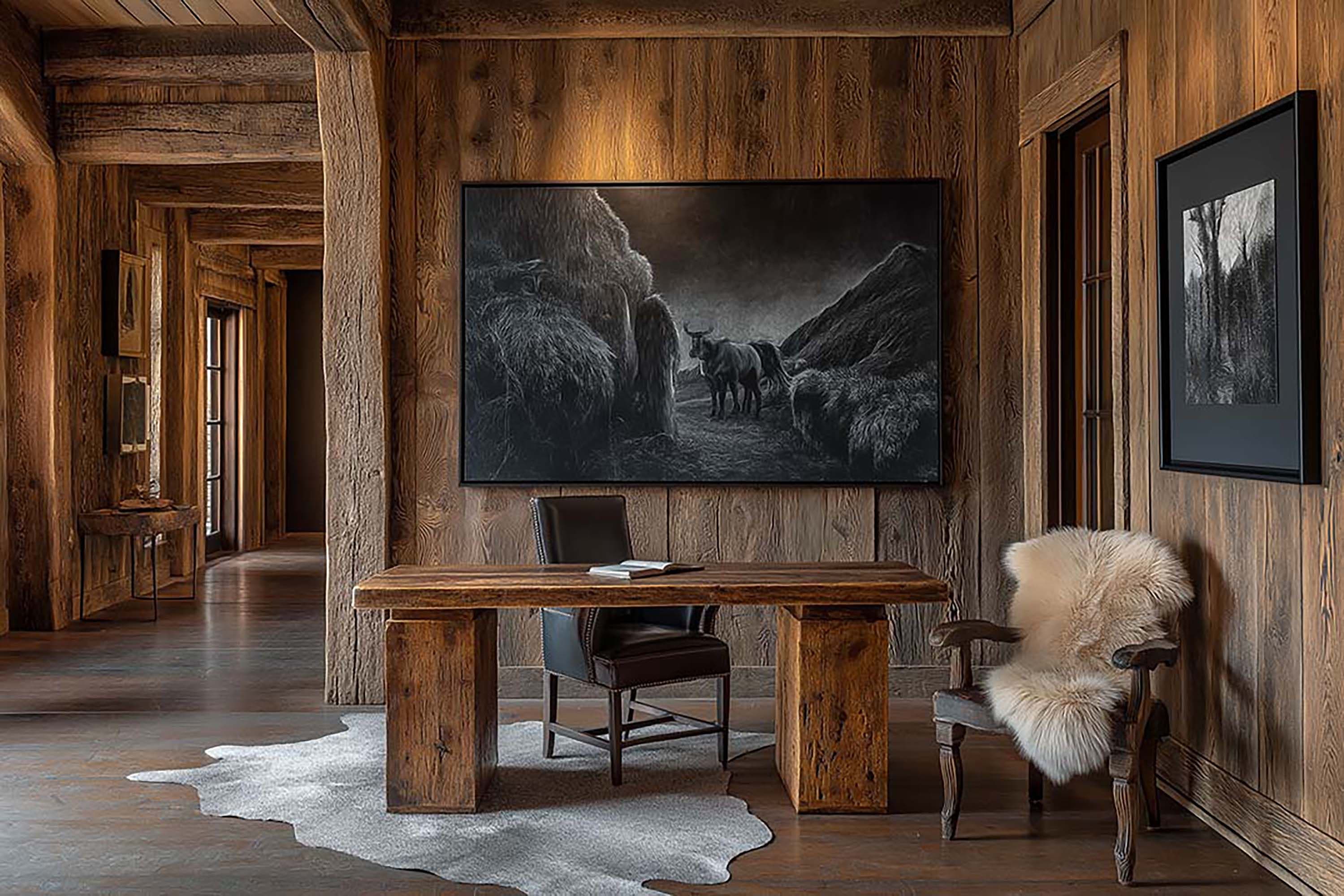 Rustic home office with a wide wall-mounted frame above a thick wood desk, plus a leather chair and a fur throw chair.
