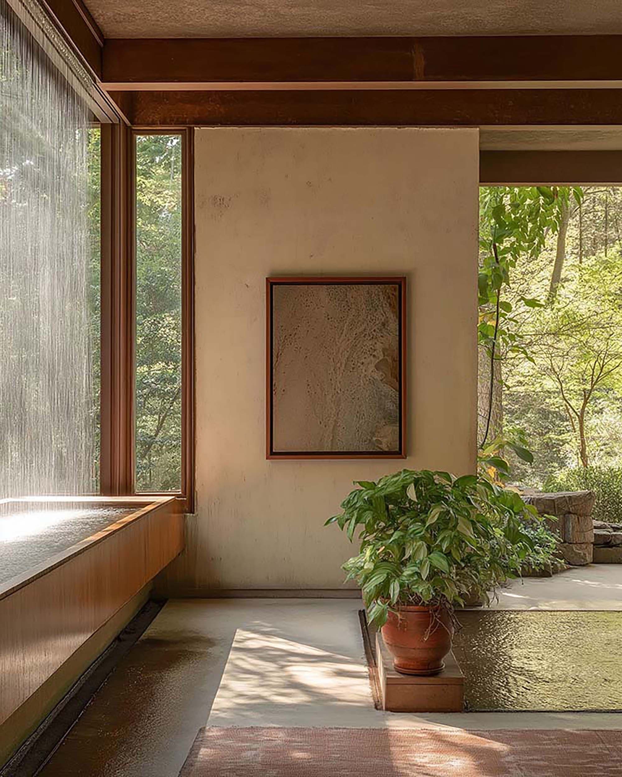 Serene bathroom with a framed artwork centered on a plaster wall beside a soaking tub and a potted plant by the window.