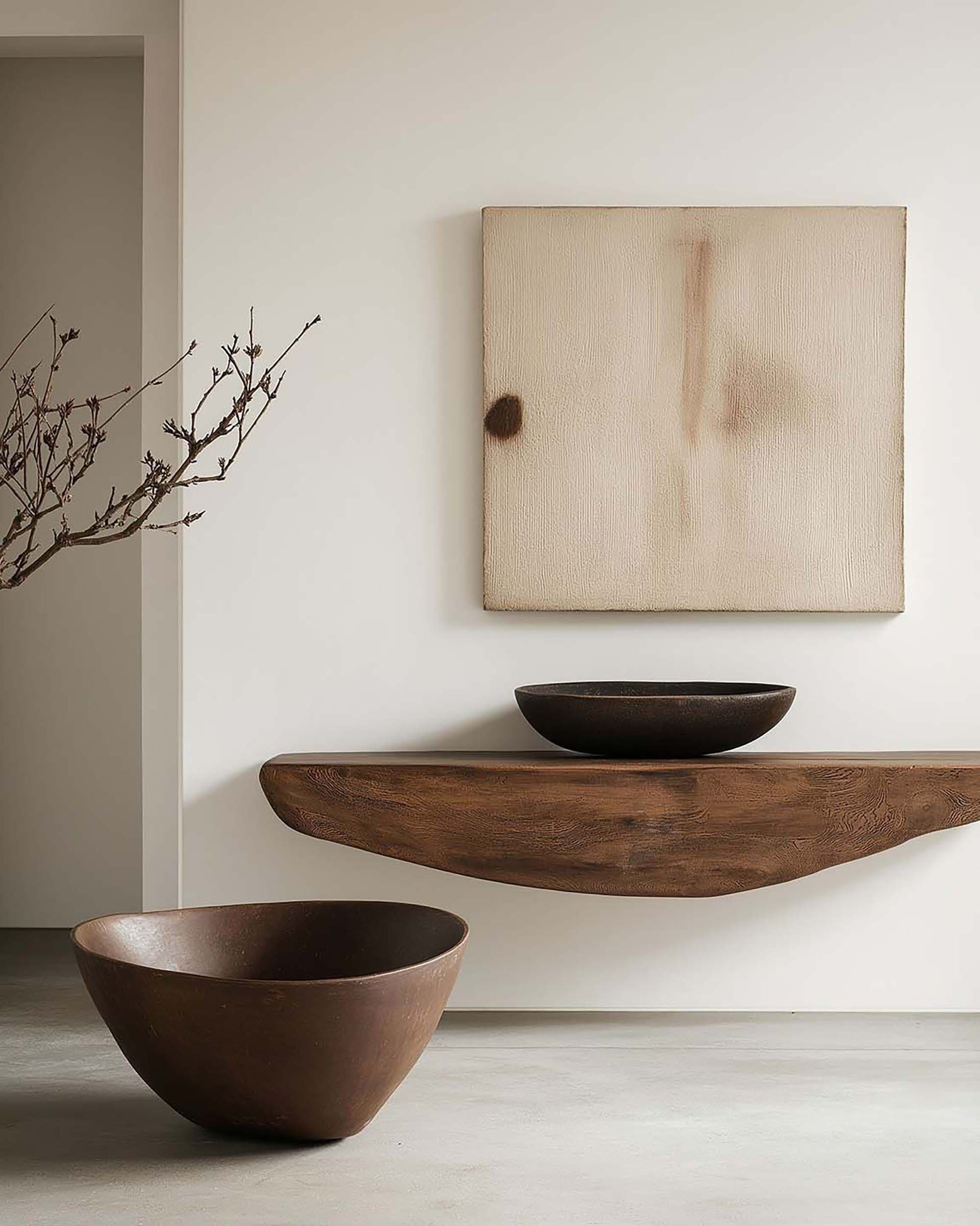 Minimal entryway wall with a square artwork above a floating wood console, styled with a dark bowl on top.