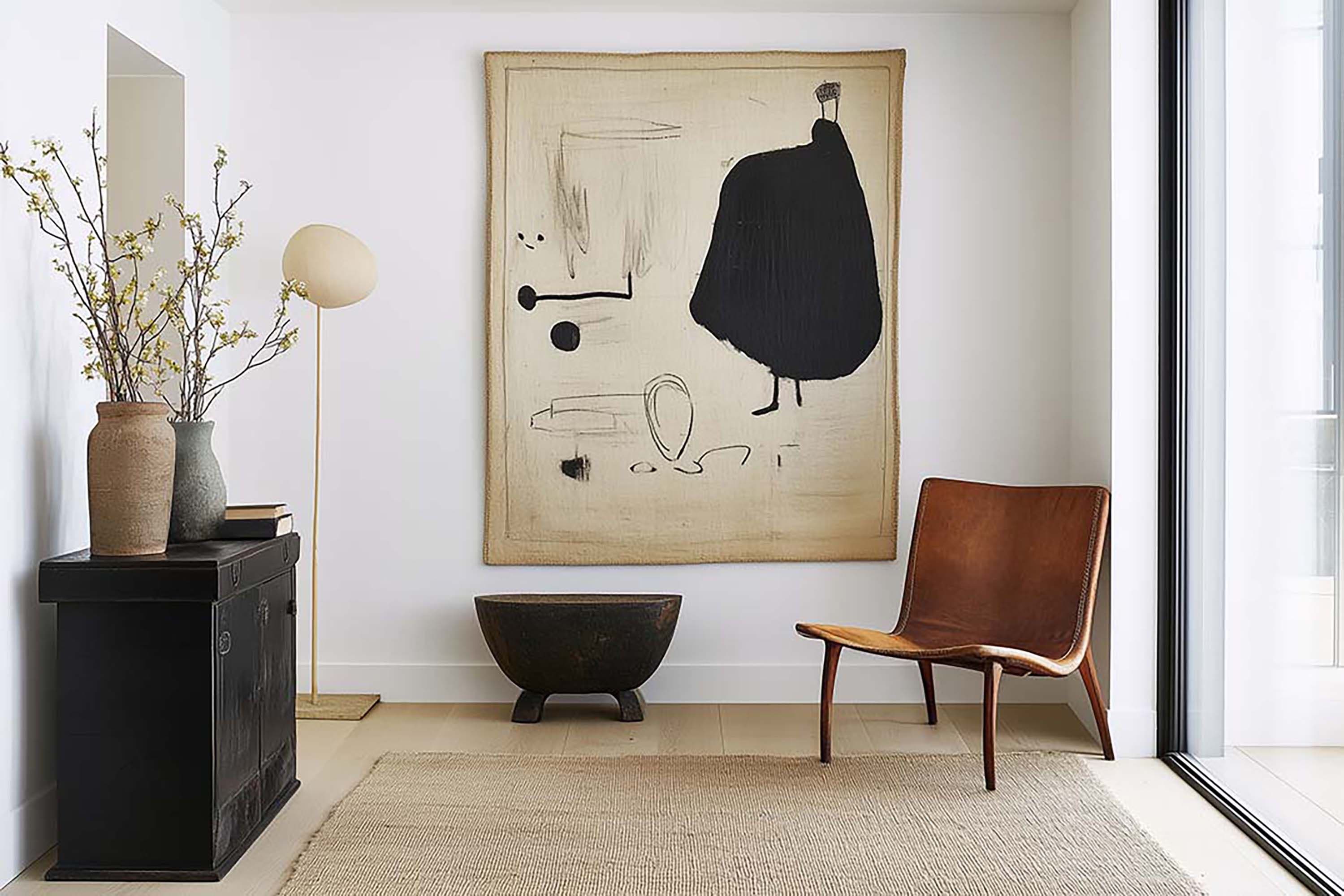 Minimal entryway wall with a large customizable frame above a low black bowl, beside a tan leather chair and floor lamp.