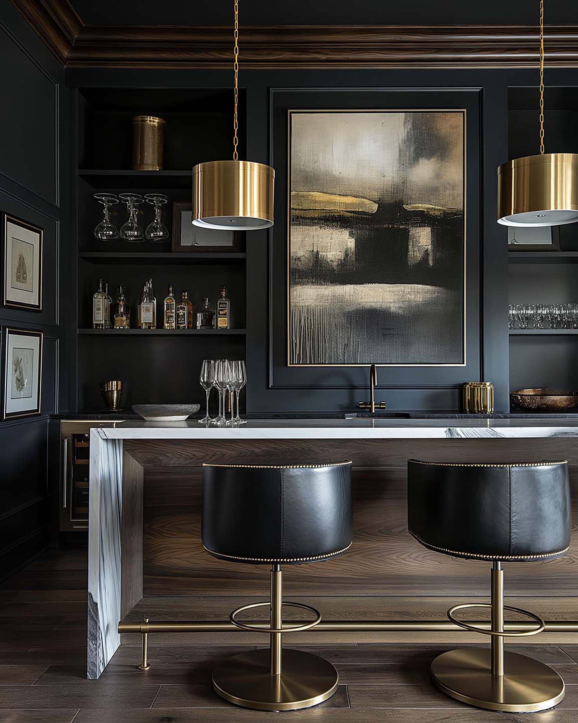 Dark home bar with a framed artwork above a sink, brass pendant lights, and two black leather bar stools.