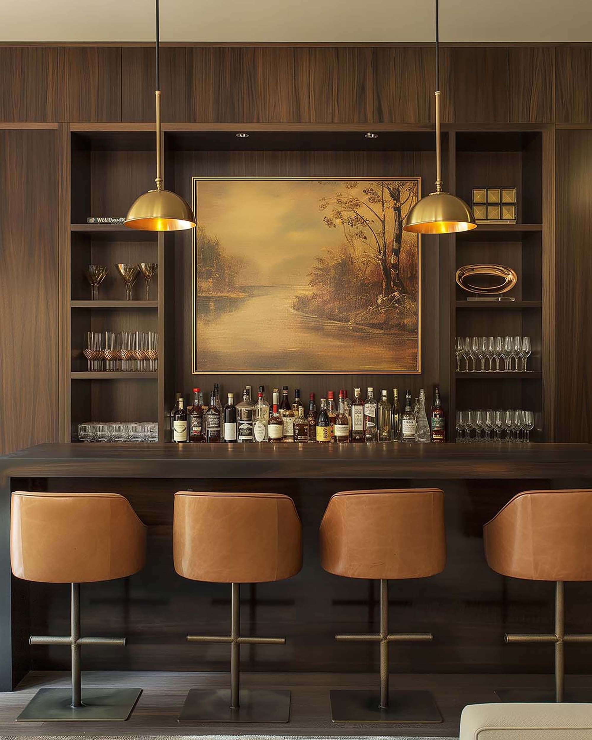 Home bar with dark wood built-in shelves, a framed artwork centered above the counter, and two brass pendant lights.