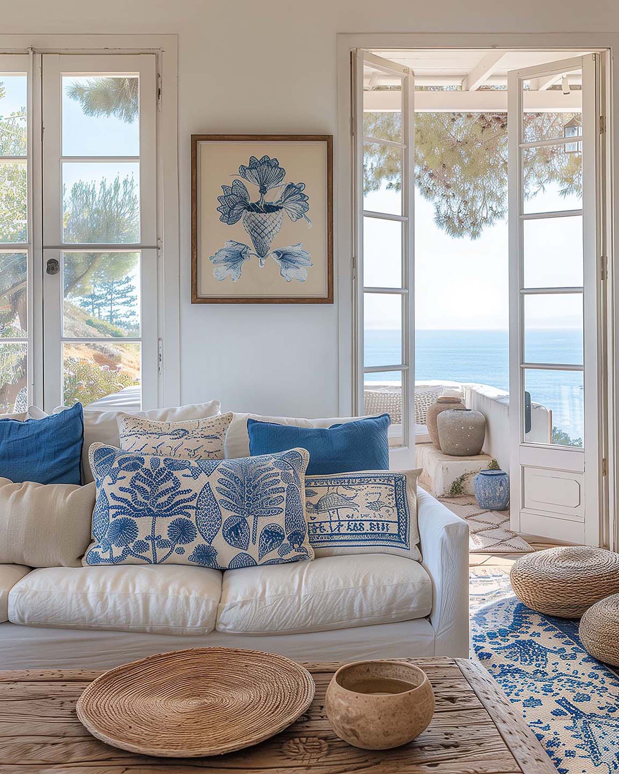 Bright coastal living room with a framed piece above a white sofa, facing open French doors and a wood coffee table.
