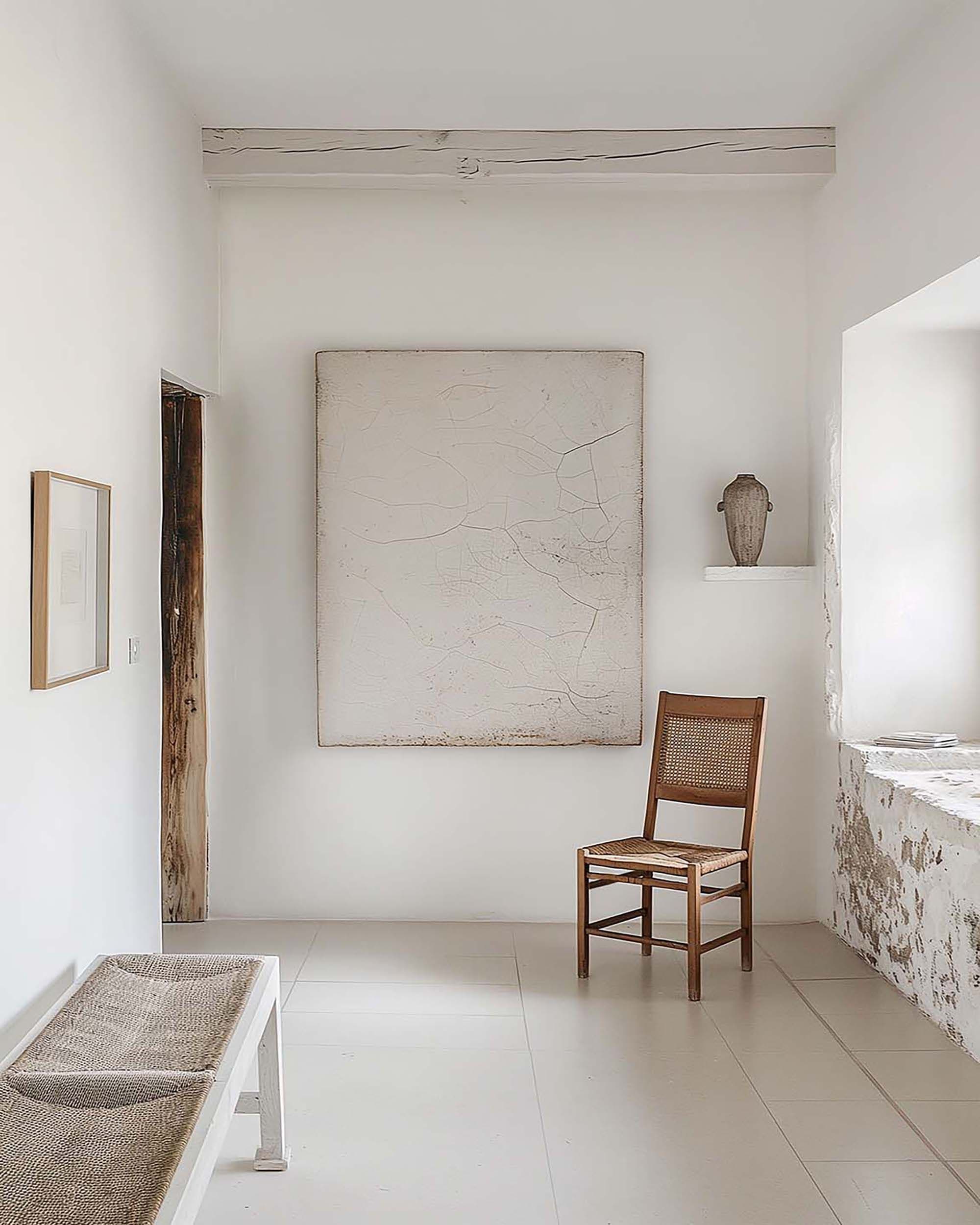 Minimal entryway with a large wall frame on a white plaster wall, plus a cane chair and a low bench.