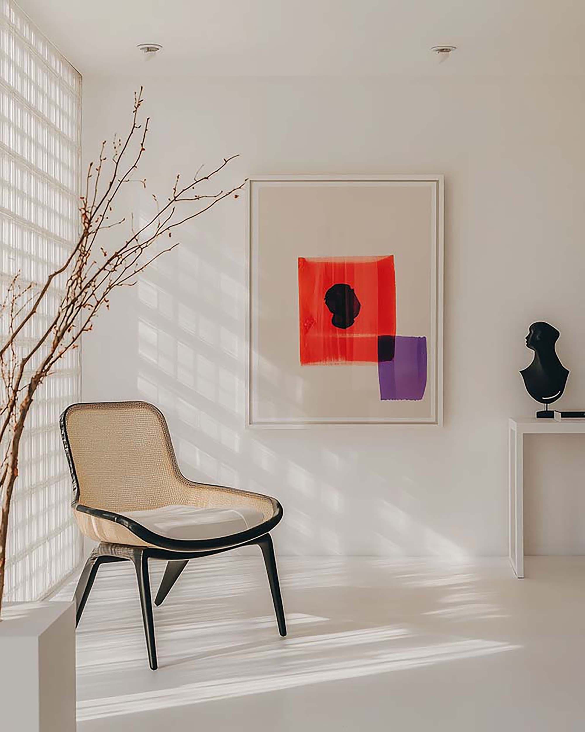 Minimal living room corner with a large white frame on a light wall, beside a woven accent chair near a glass block window.