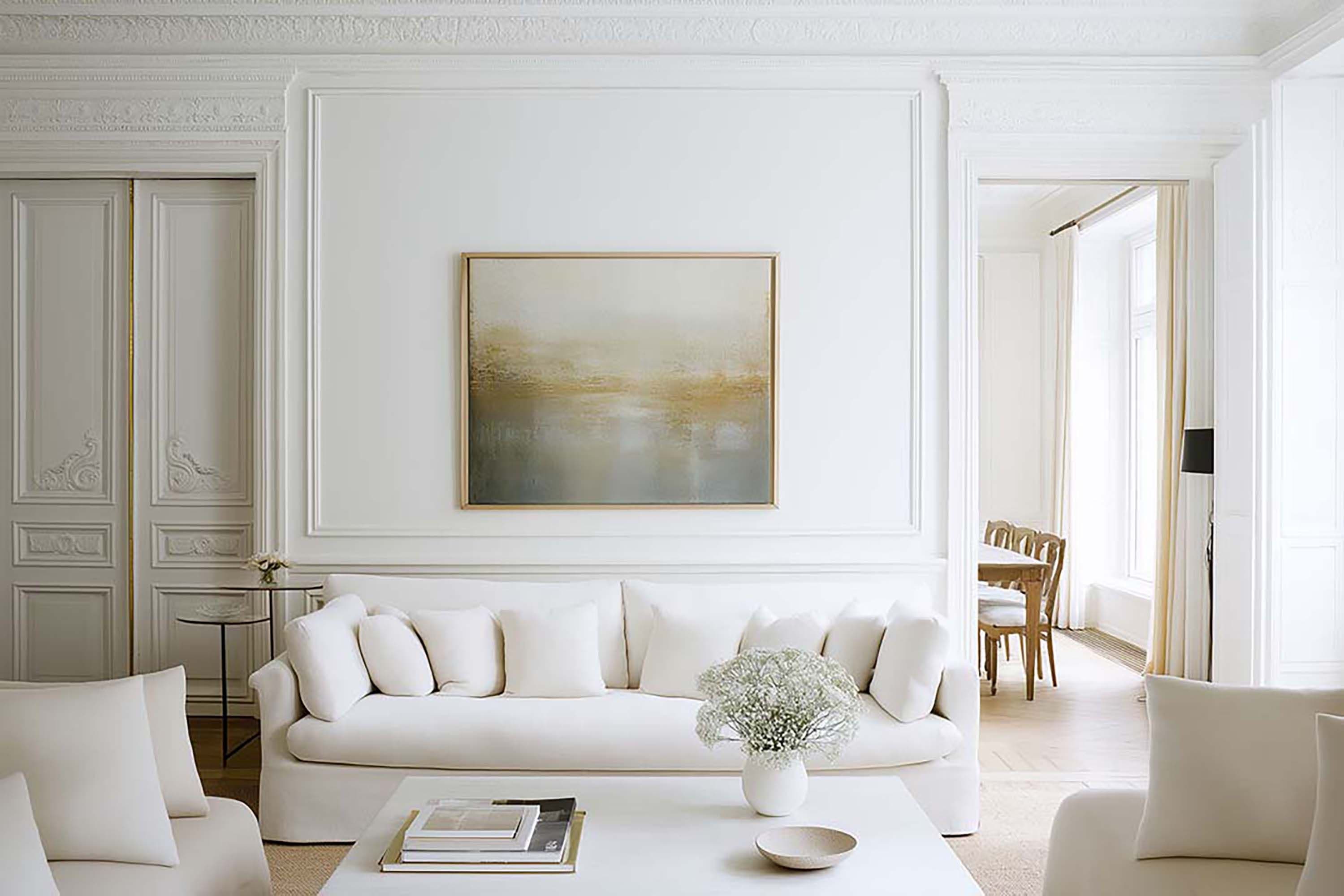Bright living room with a framed artwork centered above a white sofa, with a coffee table in front and paneled walls.