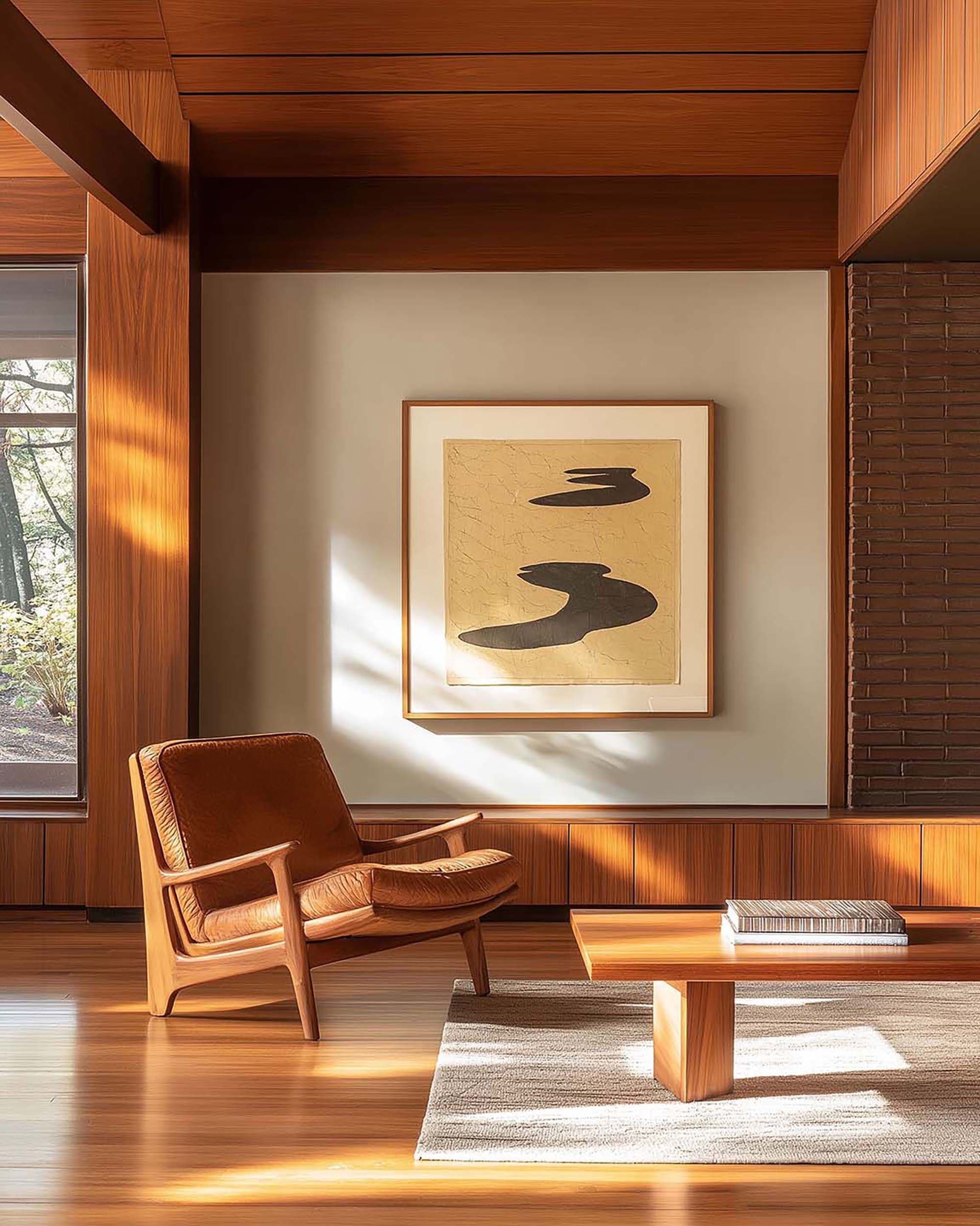 Mid-century living room with a framed artwork centered on a beige wall above a low wood ledge, next to a leather lounge chair.