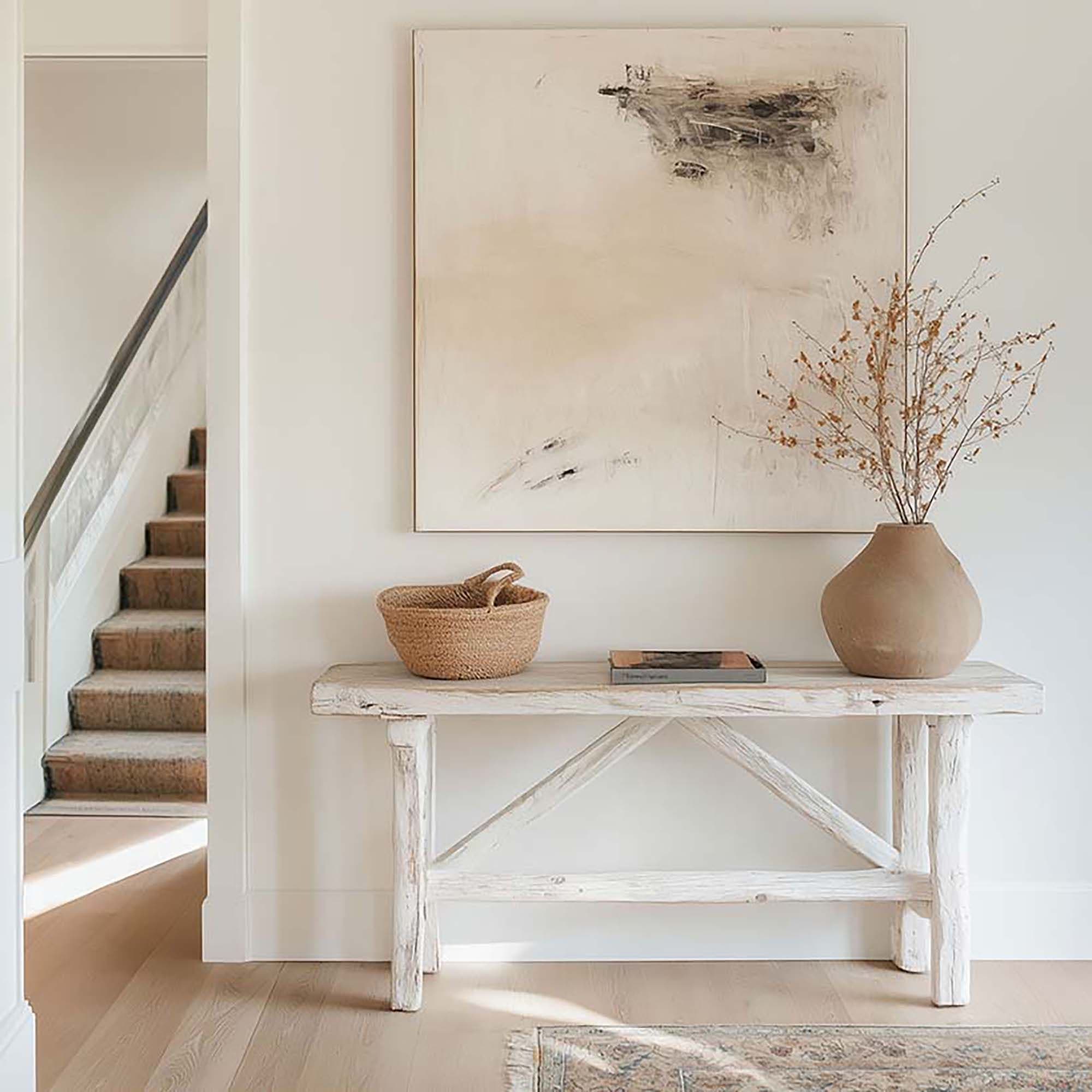 Minimal entryway wall with a large framed print above a whitewashed console table holding a basket and a ceramic vase.