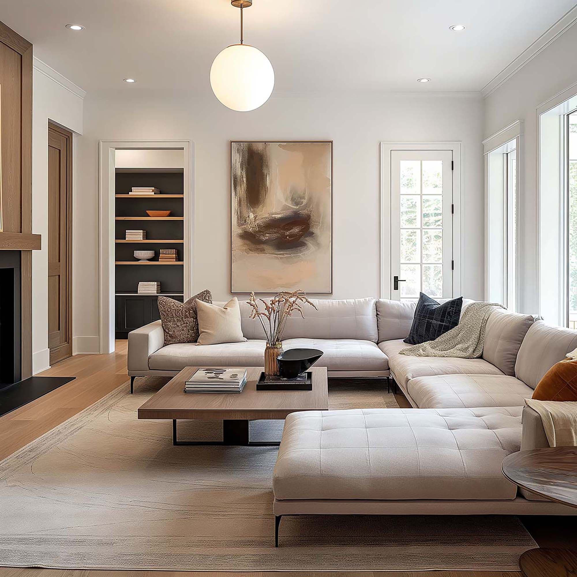 Modern living room with a large framed wall art piece above a sectional sofa and a round pendant light overhead.
