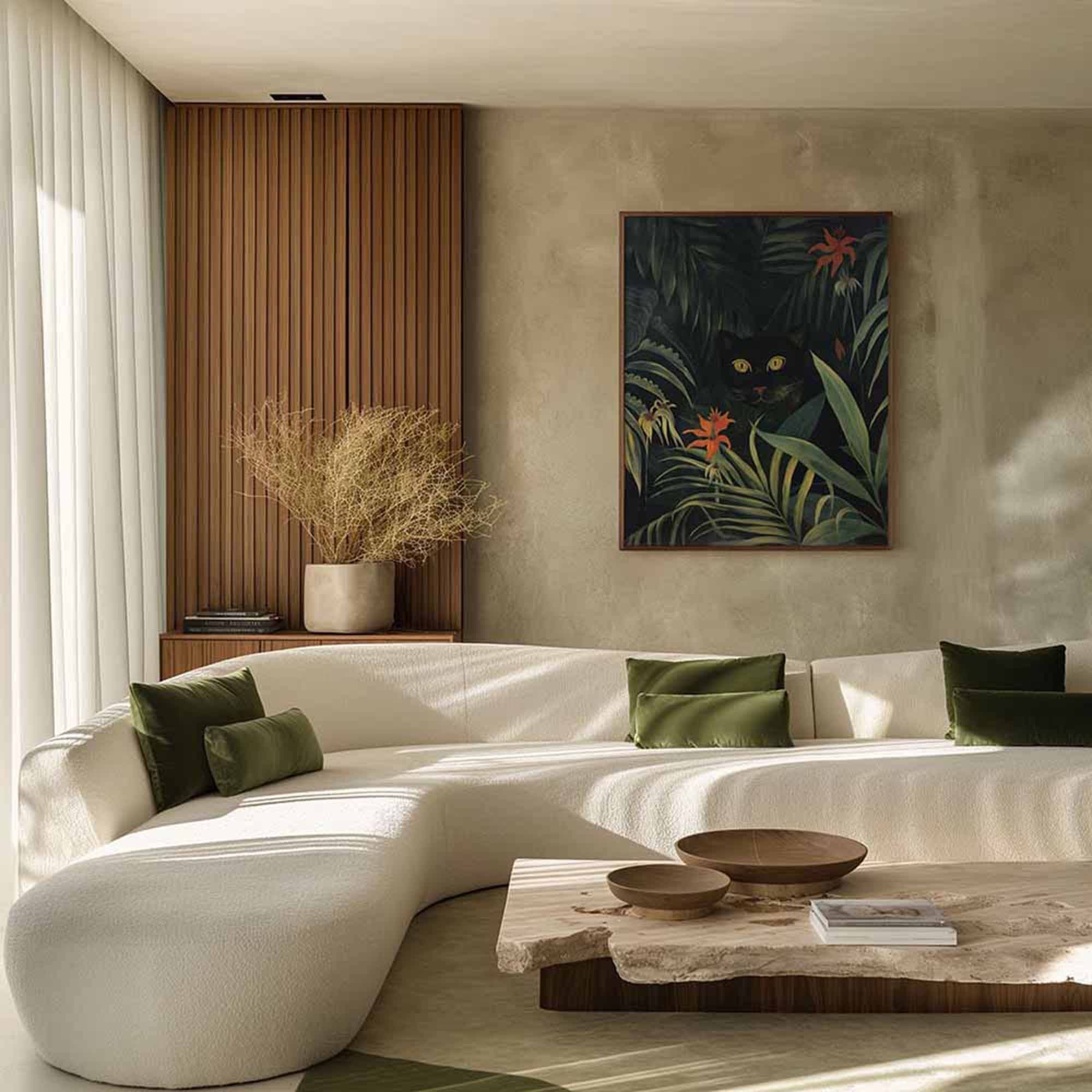 Sunlit living room with a framed wall print above a curved white sectional, beside a vertical slatted wood accent wall.