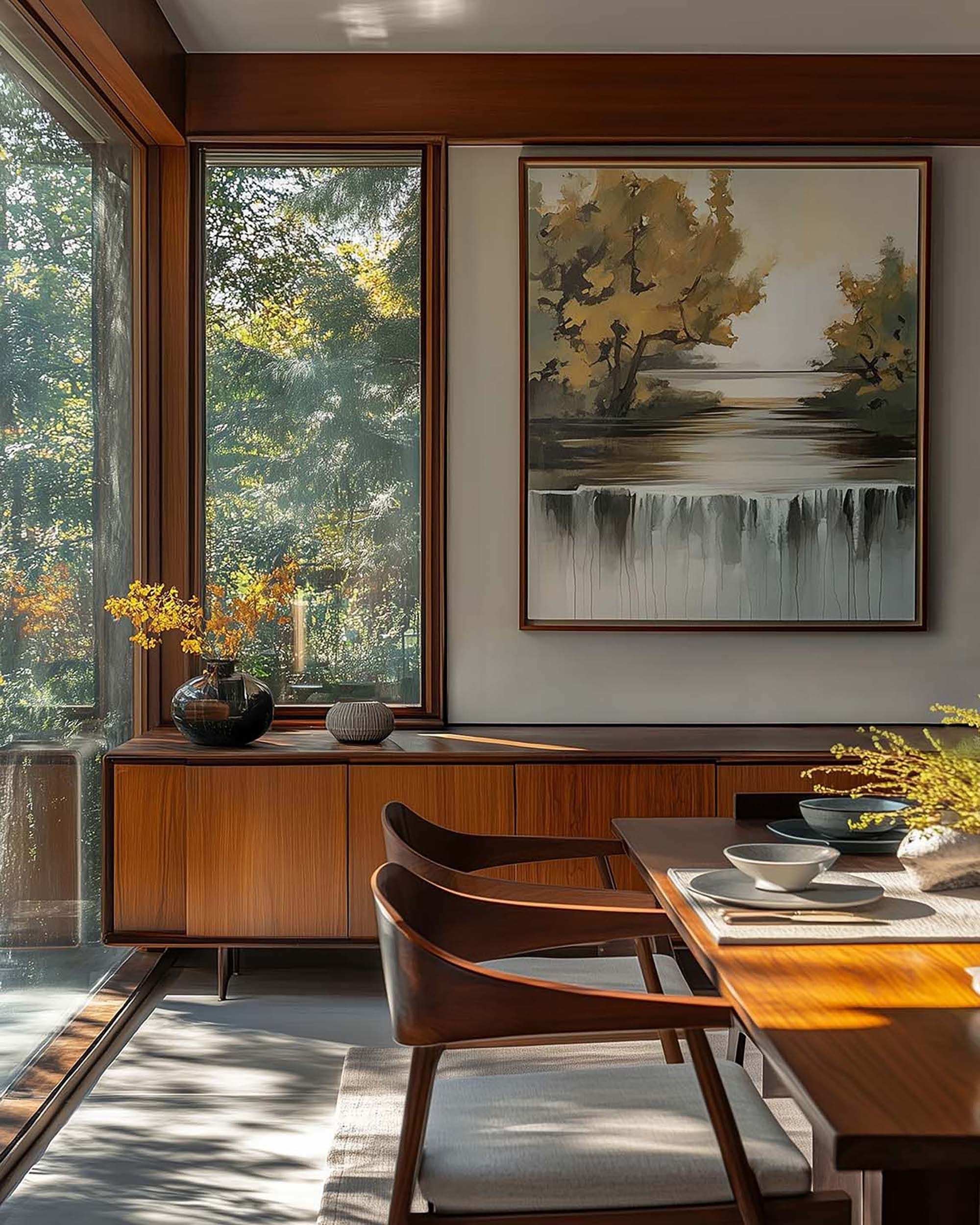Dining room with a large framed wall art above a walnut sideboard beside tall windows, with a dining table and chairs in foreground.