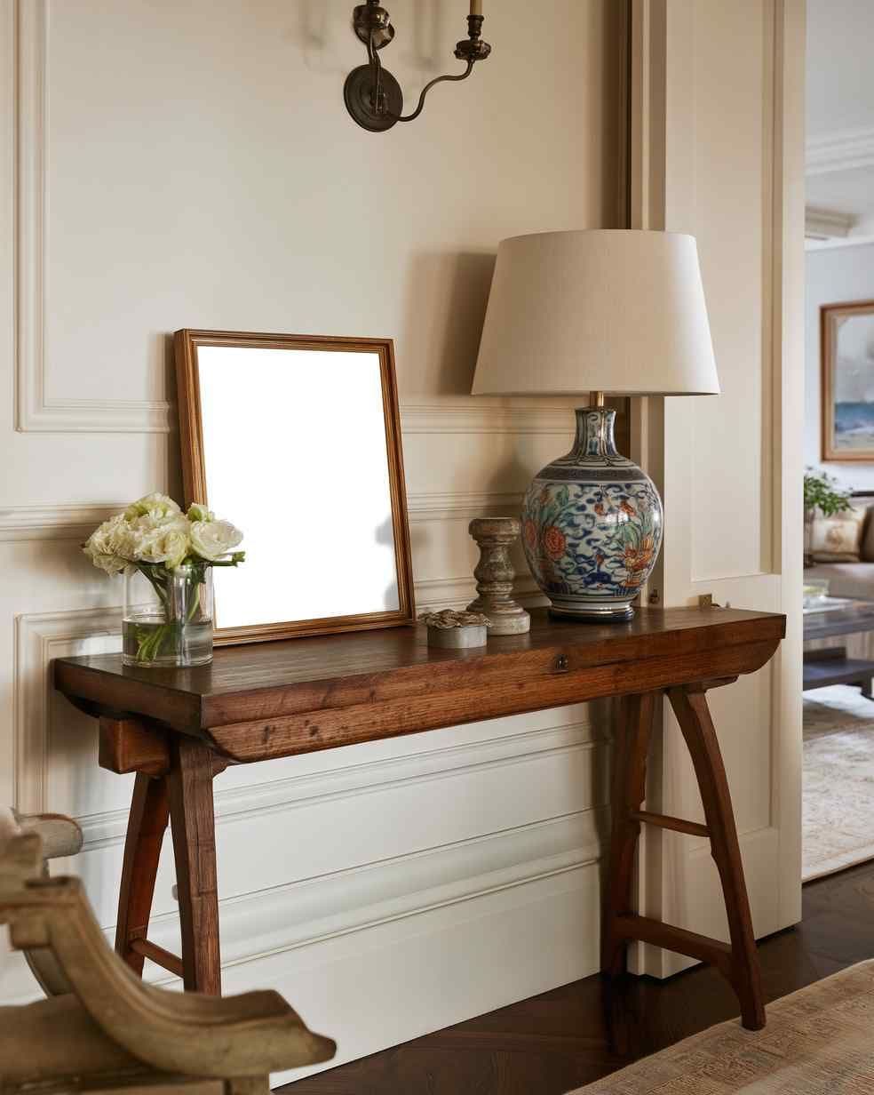 Traditional entryway console table with a leaning wood frame against paneled wall, beside a ceramic lamp.