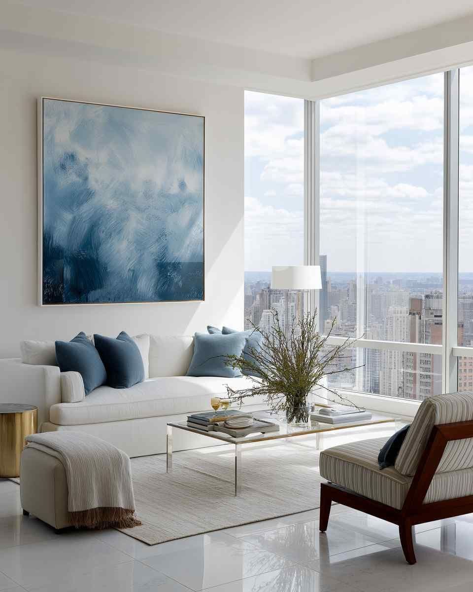 Bright modern living room with a large framed wall art piece above a white sofa, beside floor-to-ceiling corner windows.