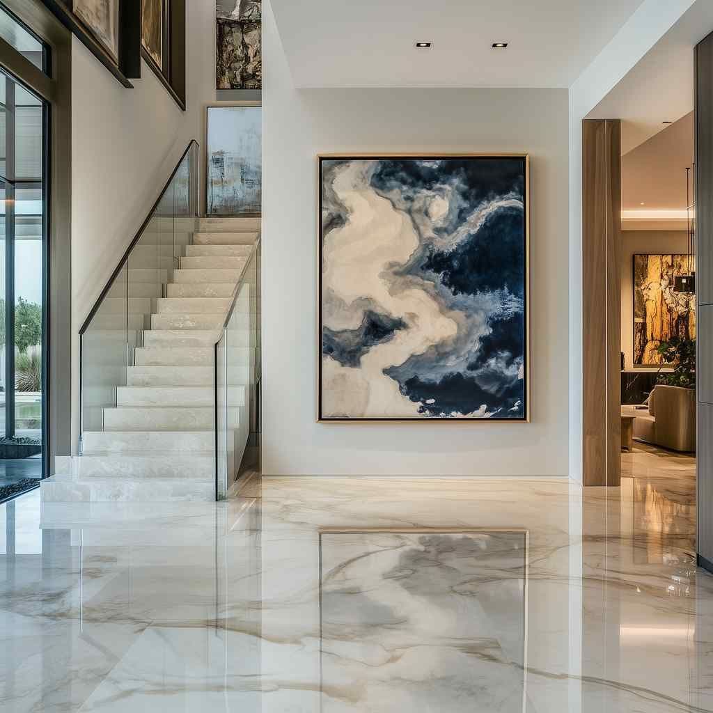 Modern entryway with a large framed artwork centered on a white wall, beside a glass-railed staircase and marble floors.