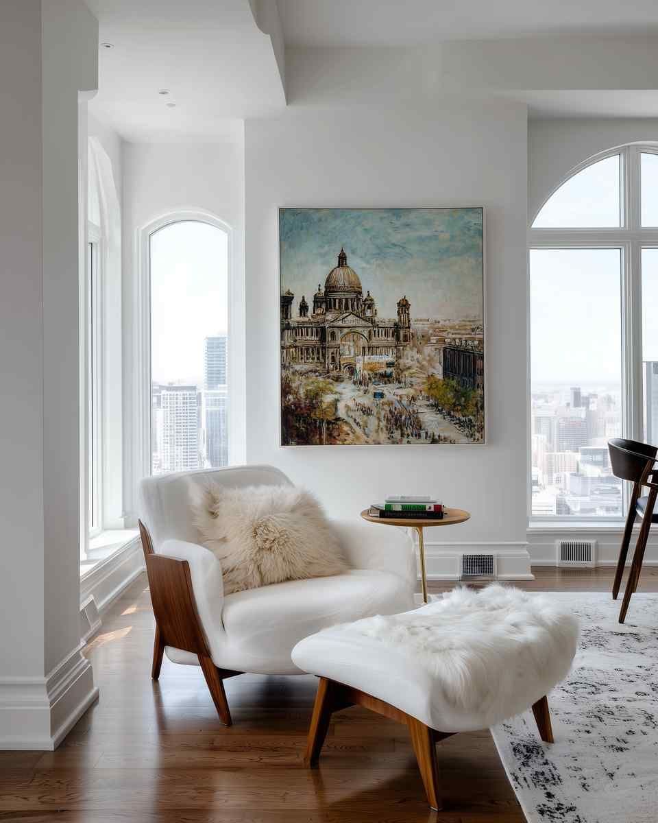 Bright modern living room with a large wall frame between arched windows above a white lounge chair and small round side table.