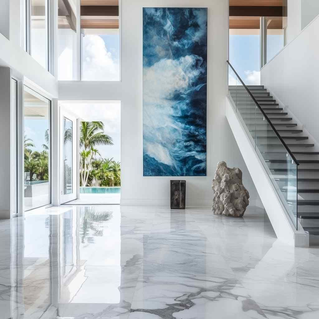 Double-height modern entryway with a tall vertical wall art piece between large windows and a floating staircase with glass railing.