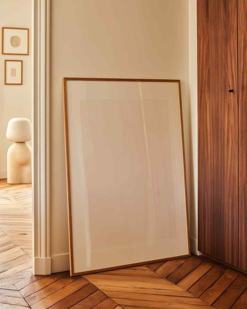 Minimal hallway corner with a large wood frame leaning on the wall beside a wood cabinet and herringbone floor.