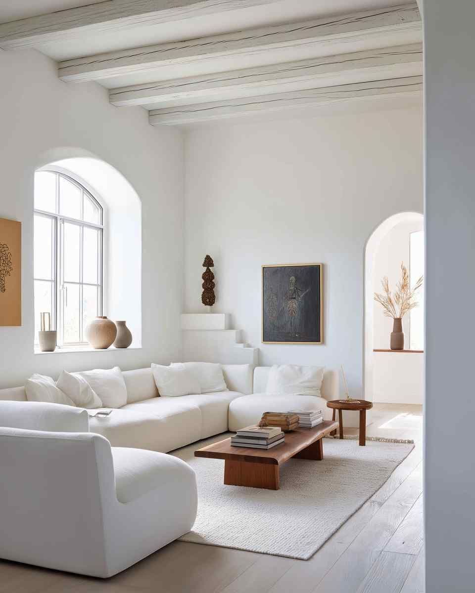 Bright minimalist living room with a framed wall art piece above a white sectional, with a low wood coffee table nearby.