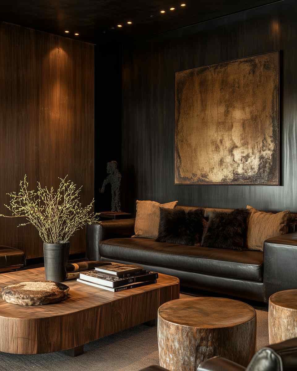 Dark modern living room with a large framed artwork above a black leather sofa, with a wood coffee table in front.