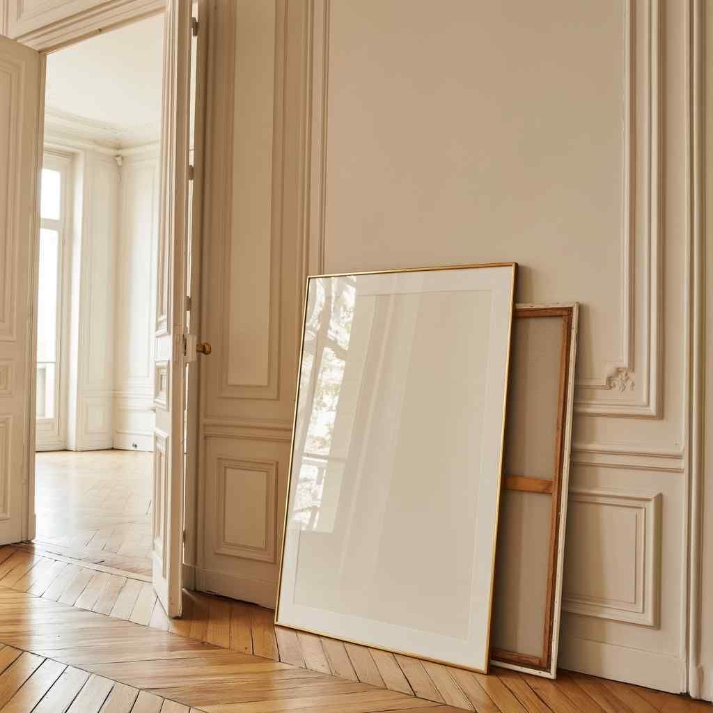 Neutral hallway with ornate wall molding and herringbone wood floors, featuring a large gold frame leaning against the wall.