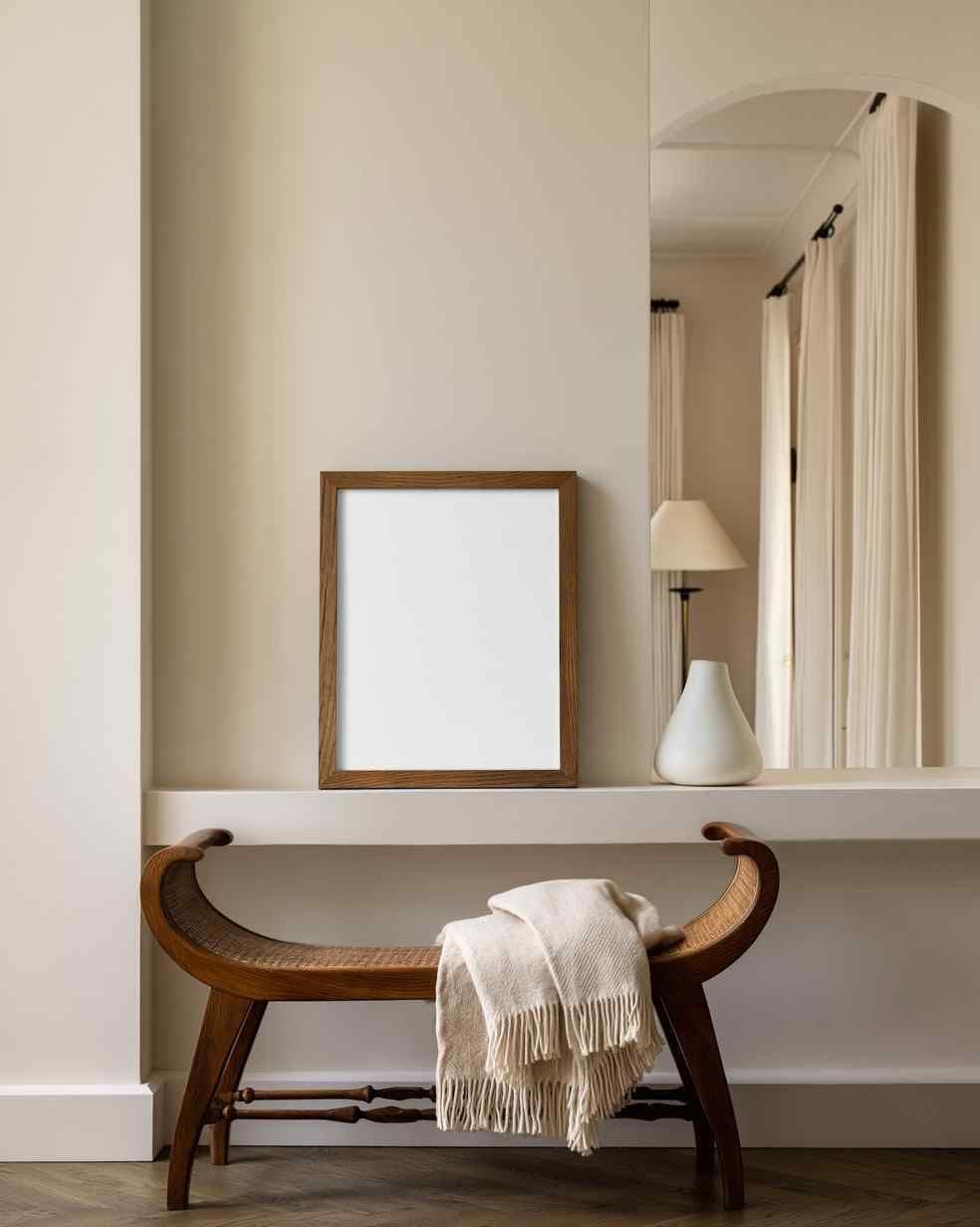 Entryway console wall with a leaning wood frame on a ledge above a curved wooden bench and a floor lamp by curtains.