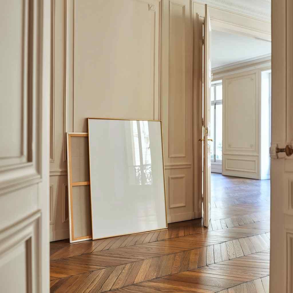 Classic hallway with paneled walls and warm wood floors, featuring a large gold frame leaning against the wall.