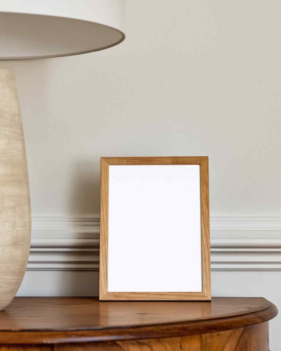 Wood frame standing on a dark wood console table against an off-white wall, with a round tabletop edge visible at left.