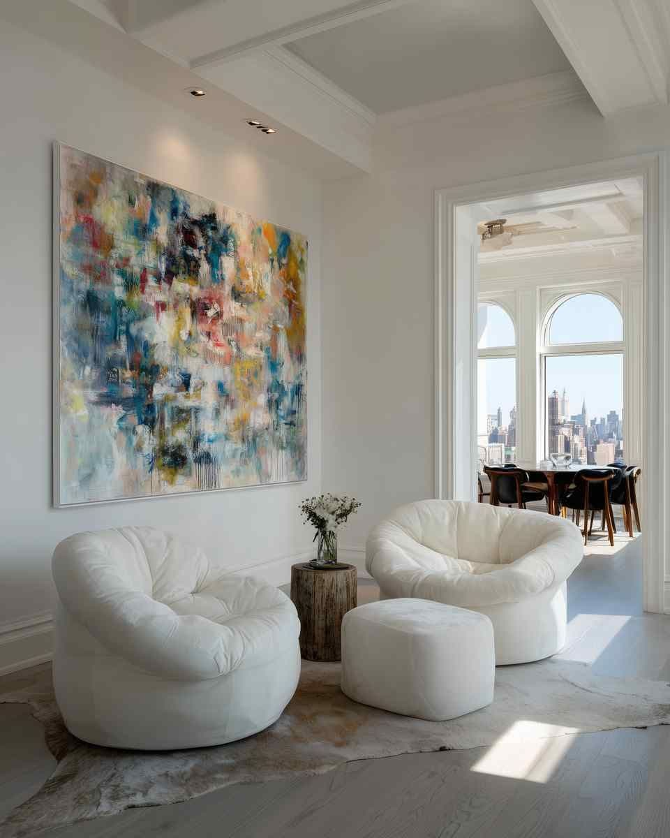 Bright modern living room with a large wall art piece above two white lounge chairs and a small wood side table.