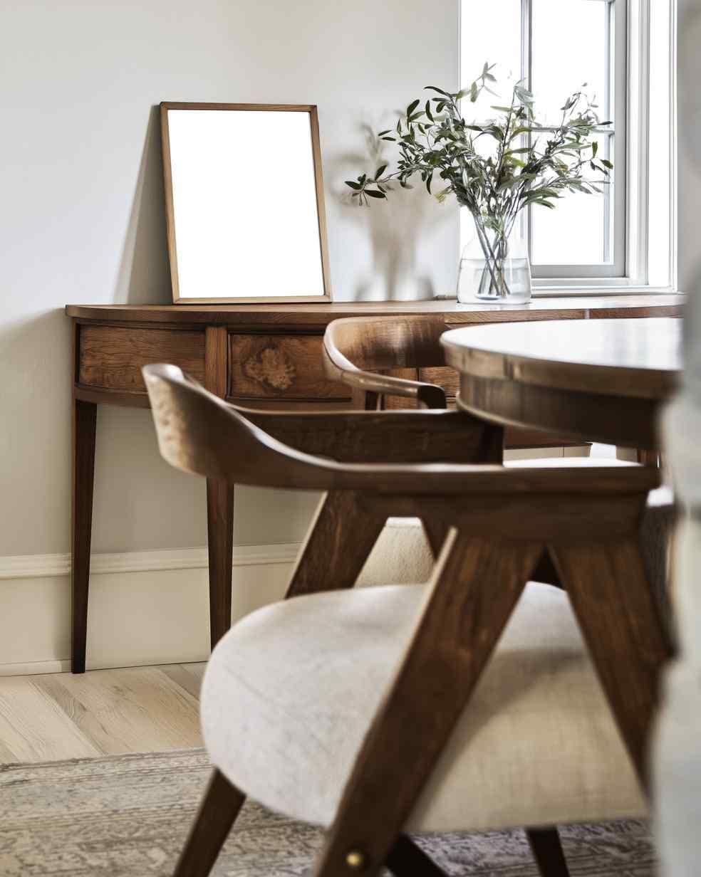 Dining room with a wood console under a window, featuring a leaning frame and a glass vase with leafy branches.