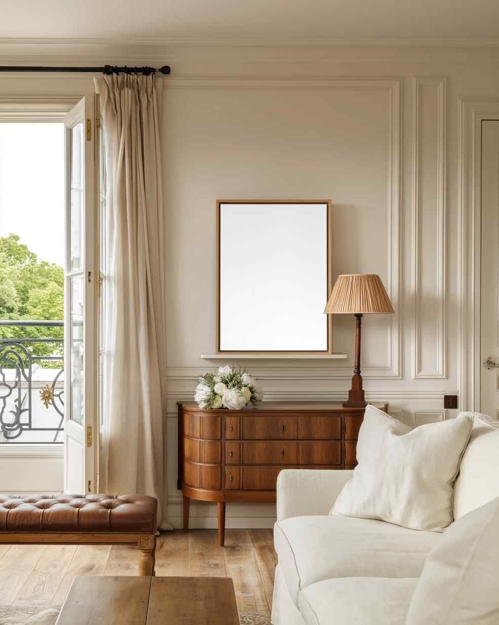 Living room wall with a wood-framed artwork above a curved wood dresser, next to a floor lamp by an open French door.