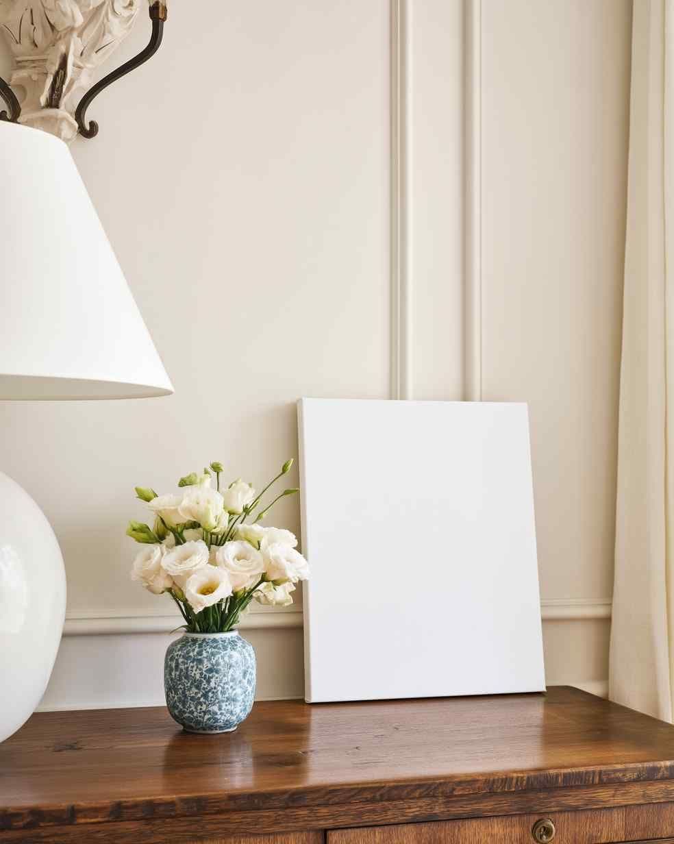 Leaning blank canvas on a warm wood console table in a classic entryway, beside a white table lamp and a small flower vase.