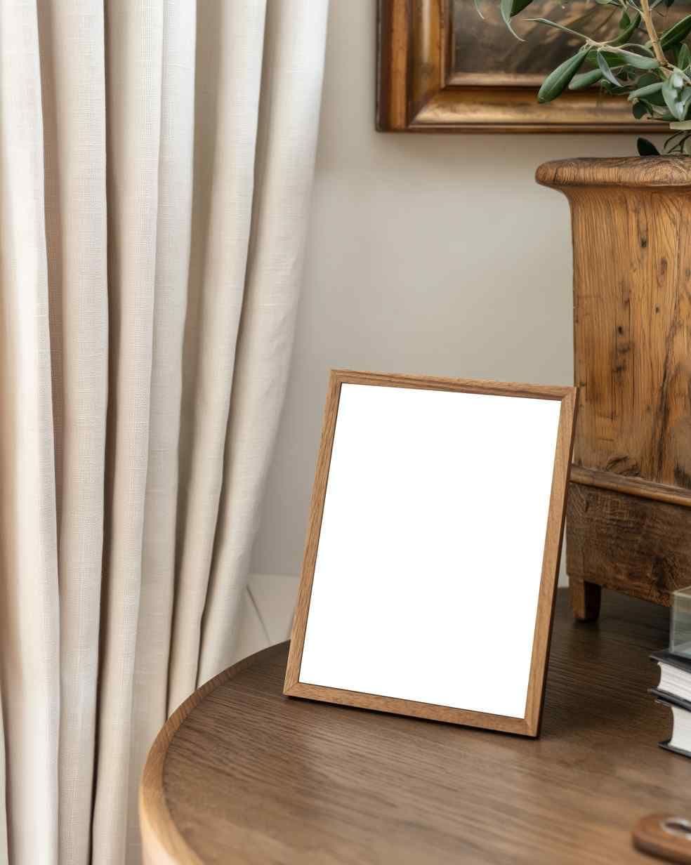 Leaning wood picture frame on a round side table beside sheer curtains, with a wooden cabinet in the background.