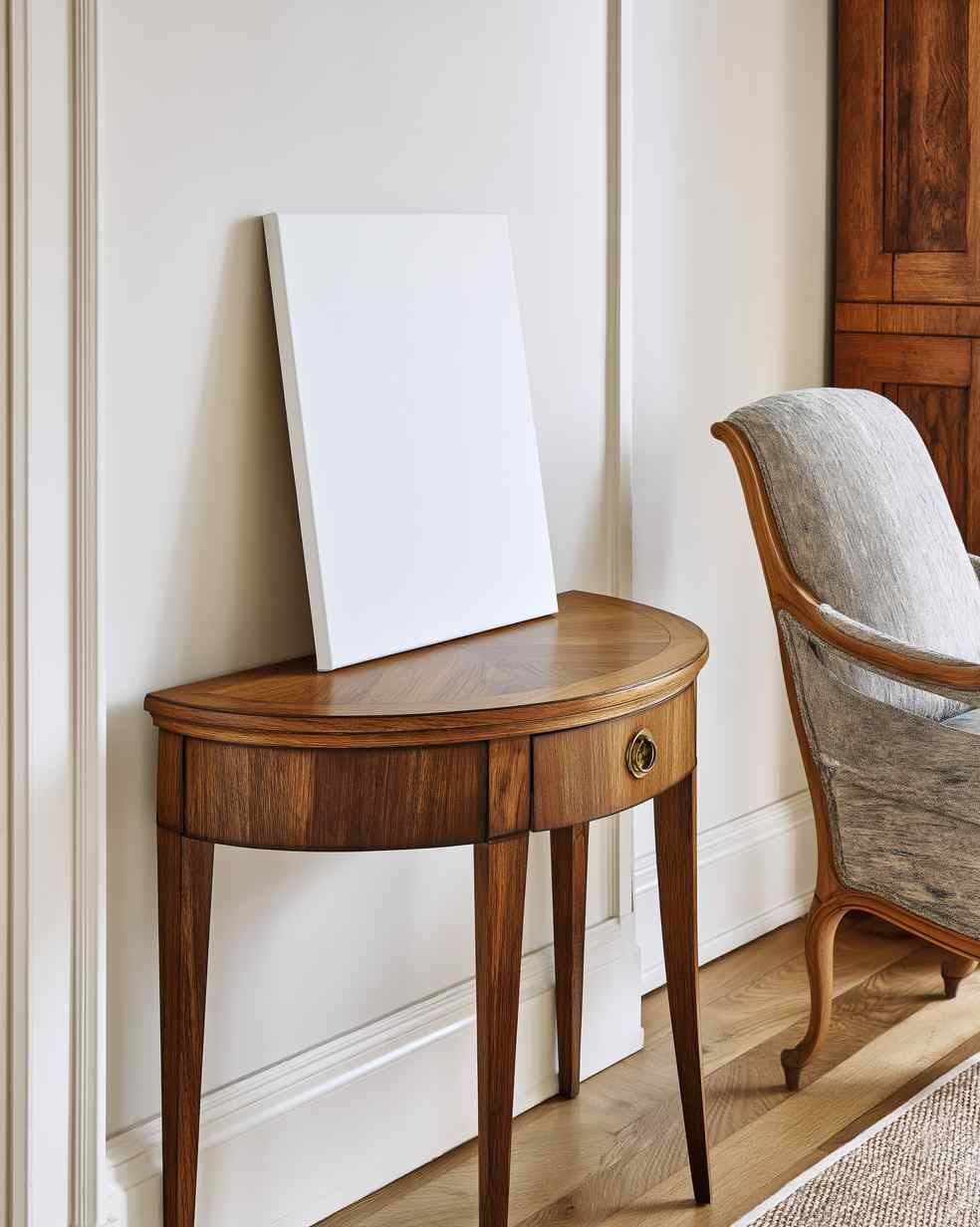 Living room corner with a blank frame leaning on a curved wood console table beside an upholstered armchair.