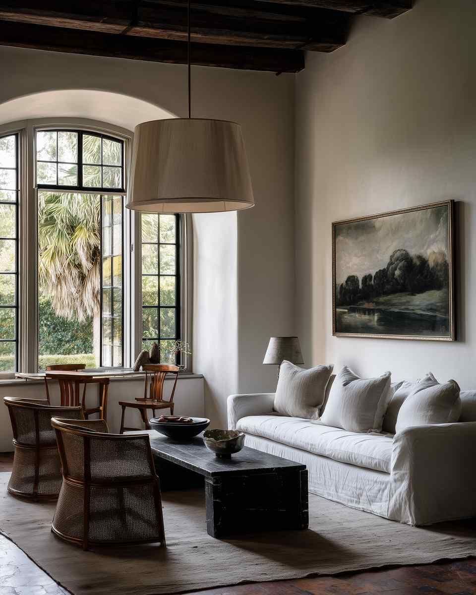 Living room with a framed artwork on a light wall above a white sofa, near an arched window and pendant shade.