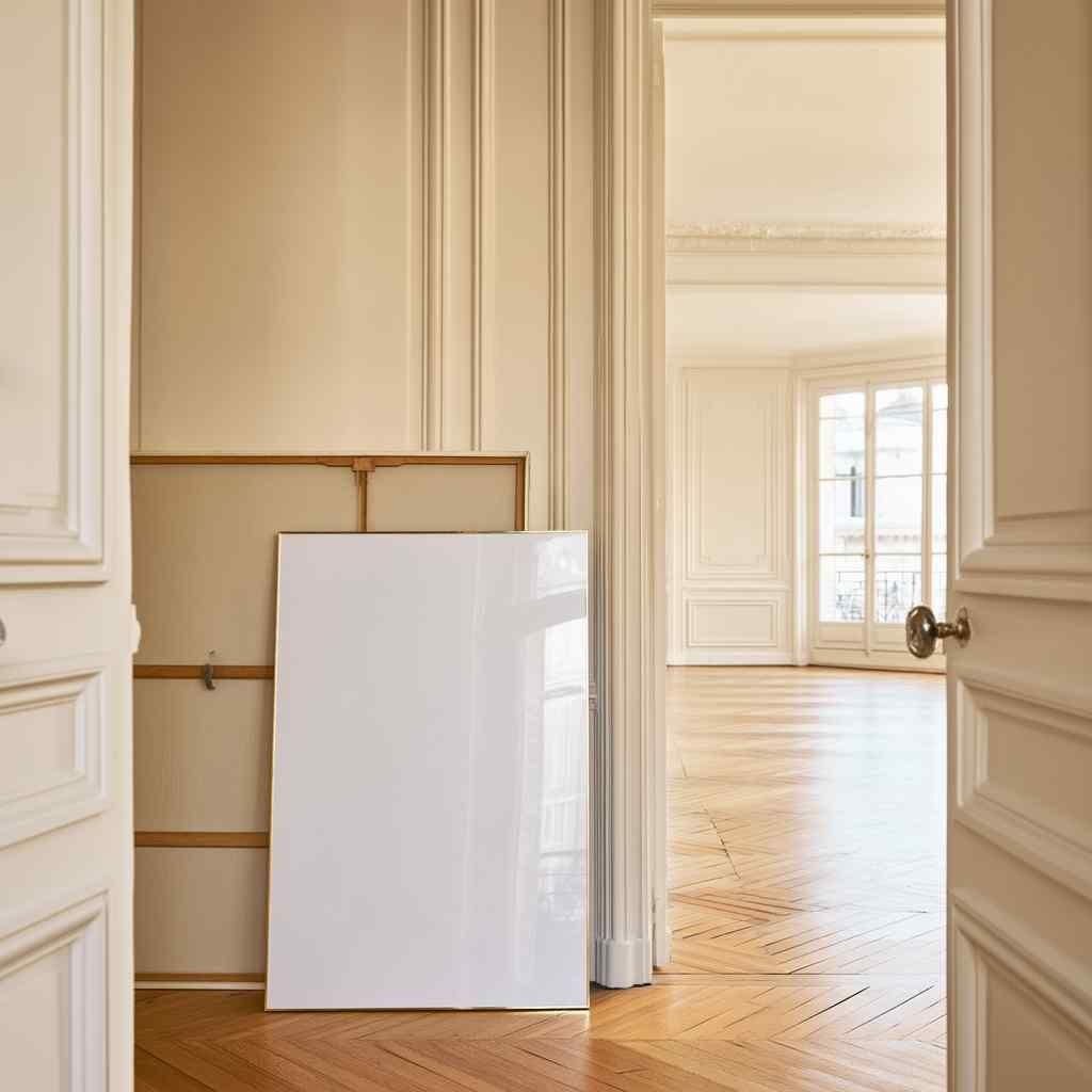 Bright paneled hallway with a large white frame leaning against the wall beside an open door and warm wood floors.