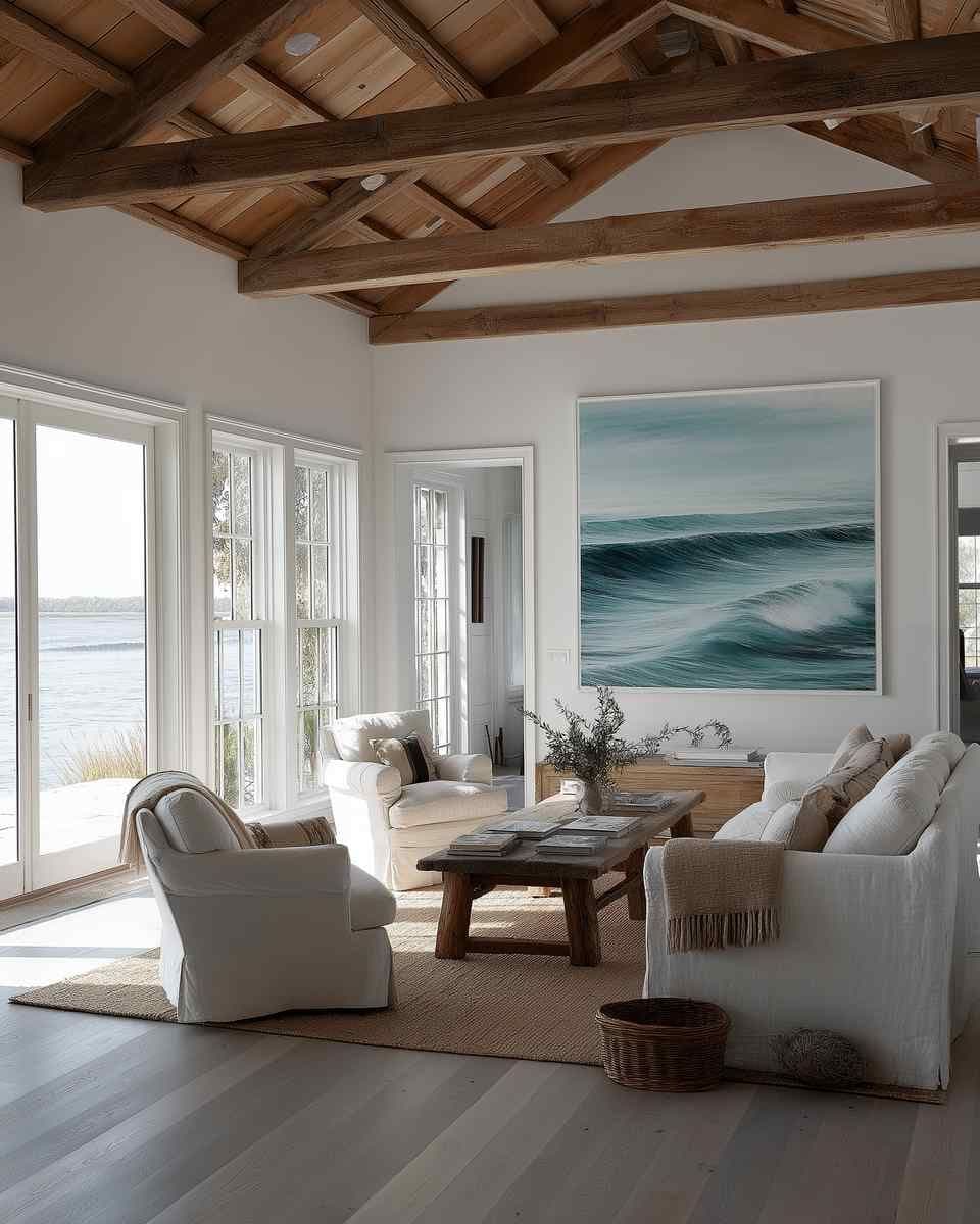 Sunlit living room with a large framed wall art piece above a low wood console, plus white sofas and a wood coffee table.