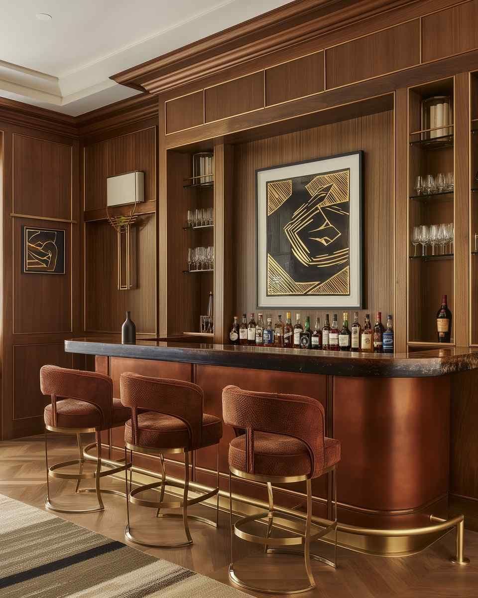 Framed wall art above a built-in home bar with walnut paneling, brass trim, and upholstered bar stools.