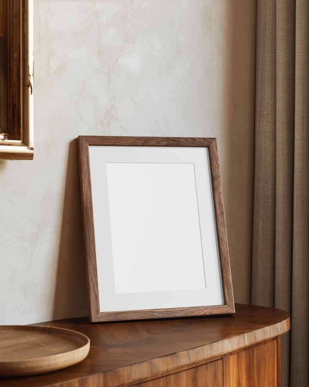 Leaning wood frame on a curved wood console against a textured plaster wall, with a linen curtain at the side.