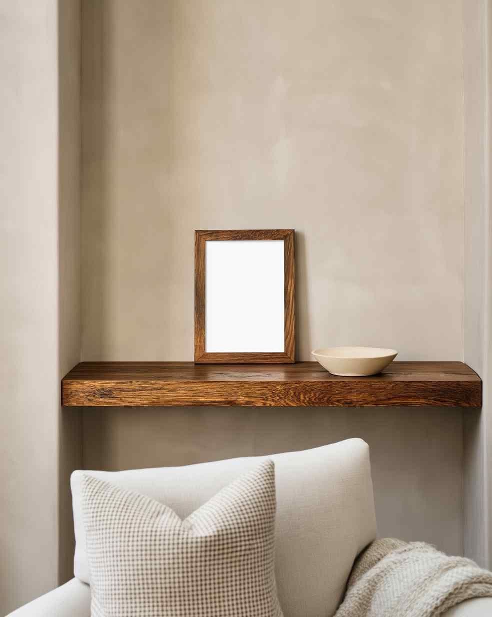 Living room corner with a wood frame resting on a floating wood shelf above a light sofa with pillows.