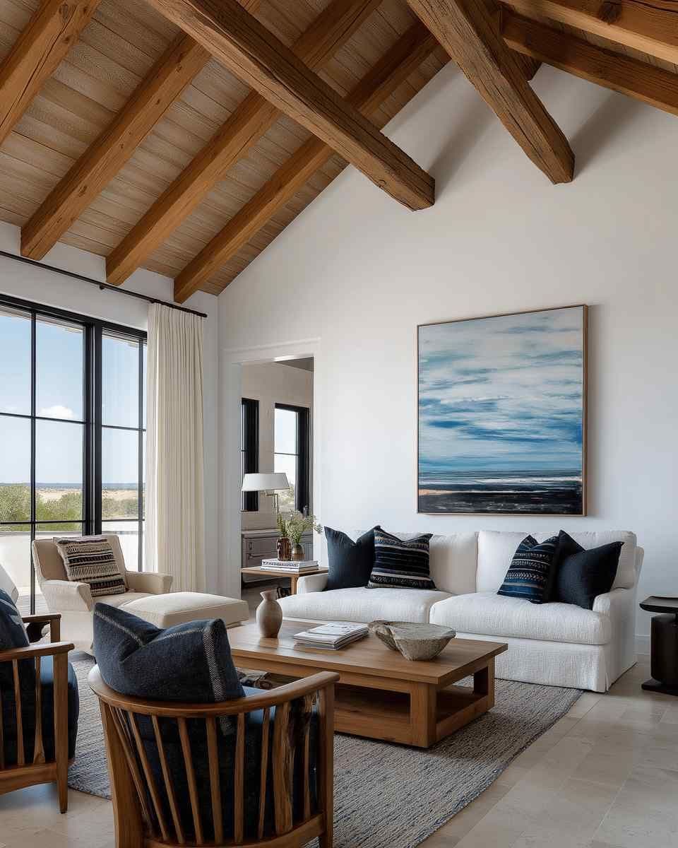 Coastal-style living room with framed wall art above a white sofa, plus a wood coffee table and large black grid windows.