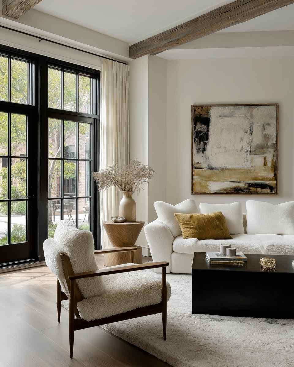 Contemporary living room with framed wall art above a white sofa, beside tall black grid windows and a low coffee table.