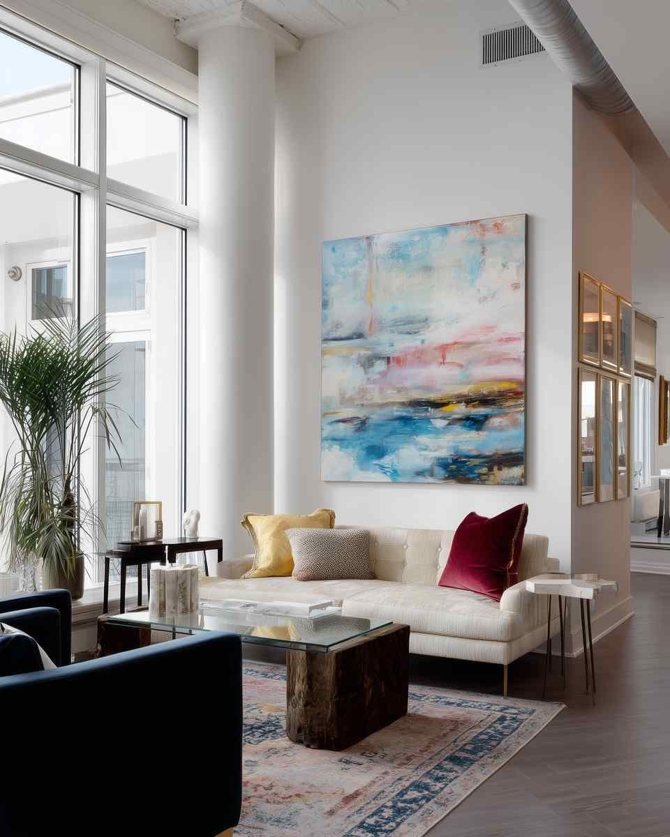 Bright loft living room with a large wall art piece above a cream sofa, beside tall grid windows and a glass coffee table.