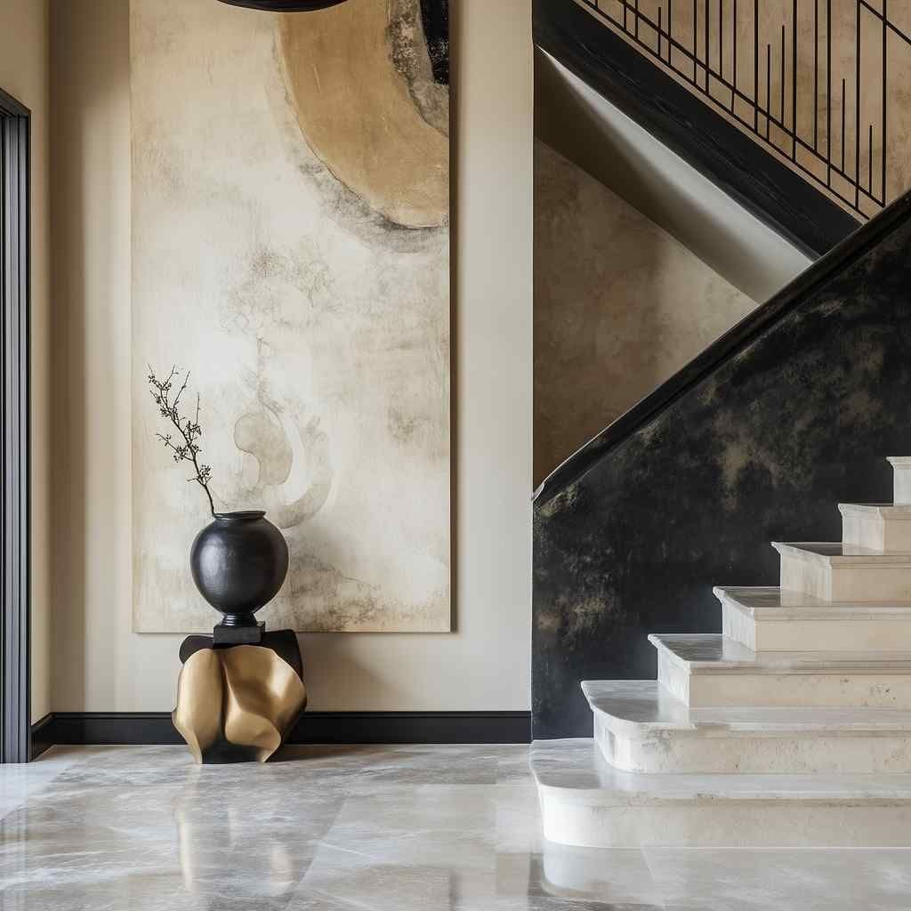 Modern entryway with a large wall-mounted artwork beside a black-railed staircase, with a black vase on a sculptural side table.