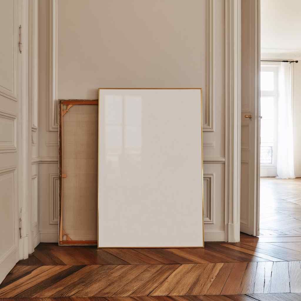 Leaning framed wall art on a paneled hallway wall with decorative molding, beside an open doorway and herringbone wood floor.