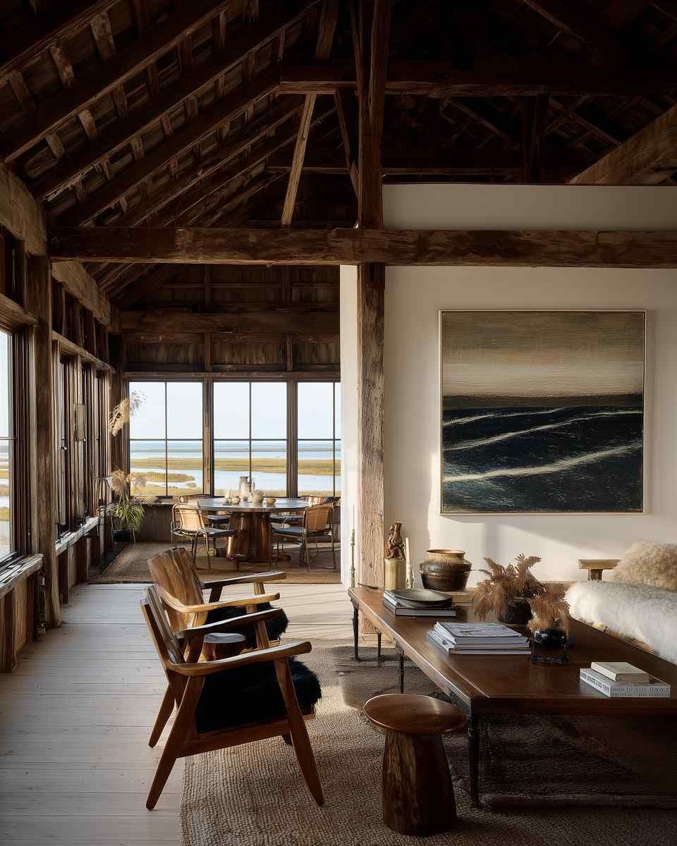 Rustic living room with a large framed artwork on a white wall beside a long wooden coffee table and lounge chair.