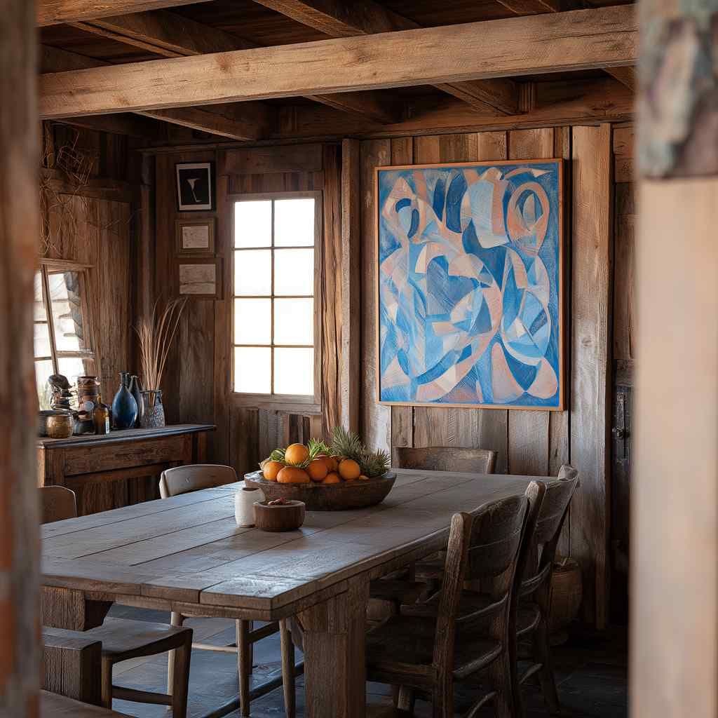Rustic dining room with a large framed artwork on a wood plank wall above a long table with chairs and a bowl of oranges.