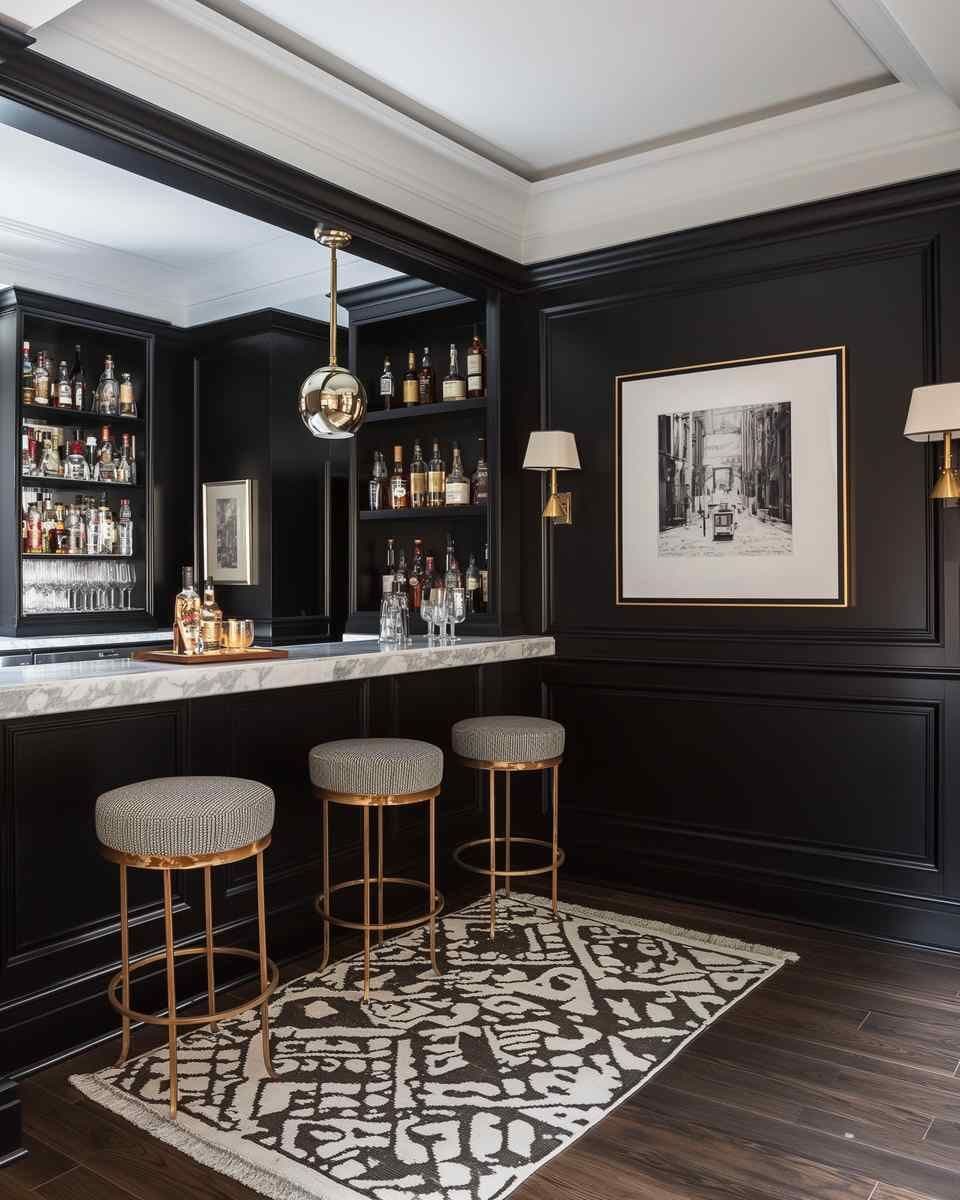 Dark home bar with a gold-trimmed square frame on a black paneled wall above a marble counter and bar stools.